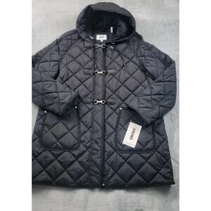 DKNY Quilted Jacket hooded Puffer Womens XL Water Resistant Black NEW MSRP $180